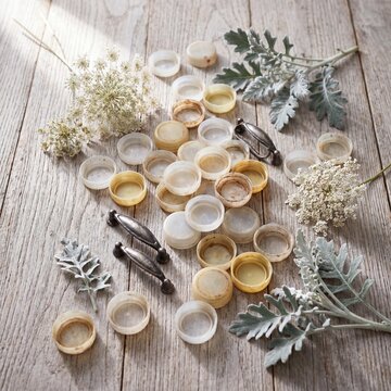 Vintage milk caps and botanicals arranged on textured farmhouse wood surface