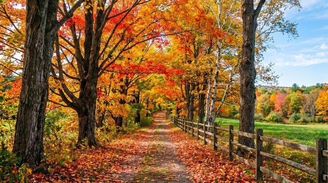 Autumn Road Lined with Colorful Trees and Fence fall