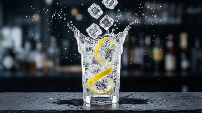 A clear glass of refreshing beverage with ice cubes and a lemon twist, creating a dynamic splash. This image embodies concepts of refreshment, summer vibes, sophisticated drinks.