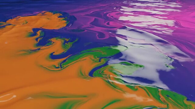 Abstract vibrant paint mixing and swirling on a surface, creating dynamic colorful liquid art background. Fluid motion of various colors blending together.