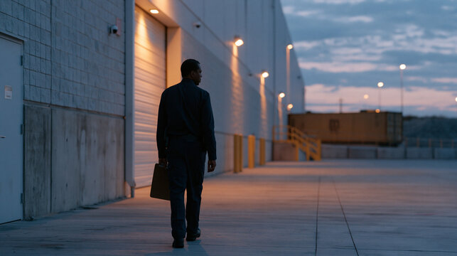 Night shift security guard walks perimeter of an unmanned automated fulfillment center, flashlight scanning dock seals, access log clipboard in hand, exterior motion lights