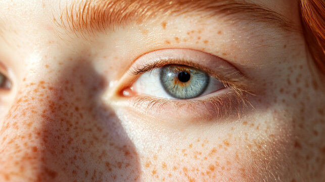 Extreme close-up of natural skin texture with freckles, visible pores, soft daylight, authentic beauty concept, realistic skincare advertising style