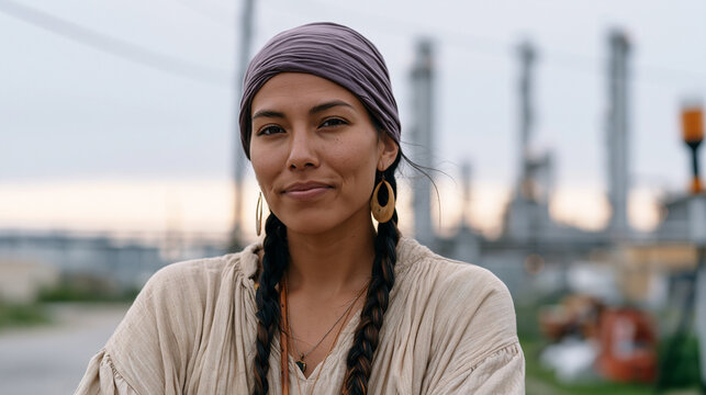Frontline environmental justice advocate standing at industrial fence line, pollution monitoring equipment in hand, refinery smokestacks behind, community air quality testing,