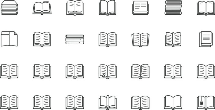 Minimalist book line icon set vector illustration featuring open pages textbook stacks literature magazine encyclopedia and education symbols isolated on white background