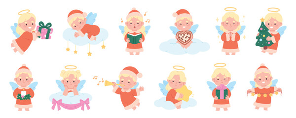 Obraz premium Christmas angels. Cute little angel in x-mas costumes with tree, gifts, gingerbread, candle and star garland. Funny winter holiday characters, racy vector set
