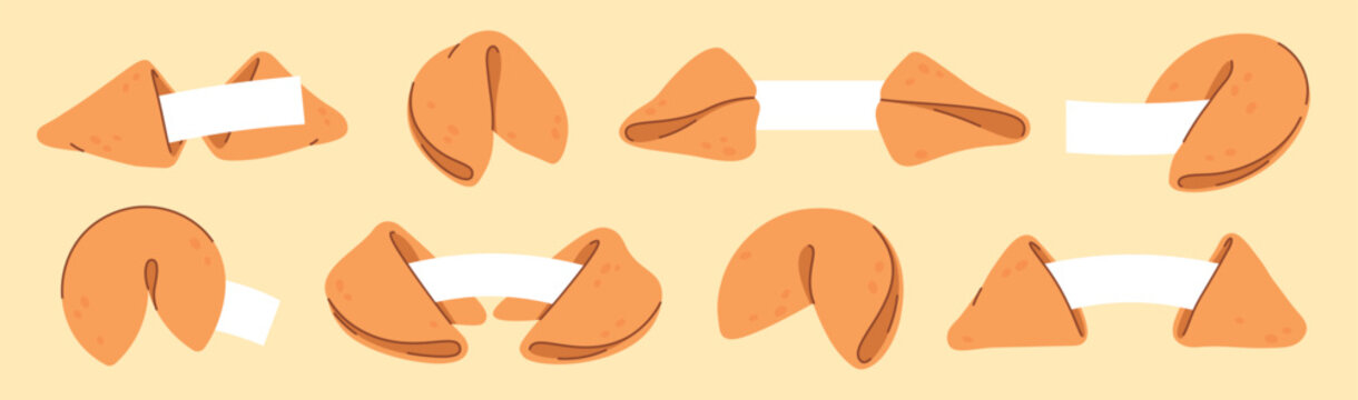 Fortune cookies. Cartoon traditional asian biscuits with surprise messages inside. Holiday gifts, different cookies with empty paper sheets, racy vector clipart