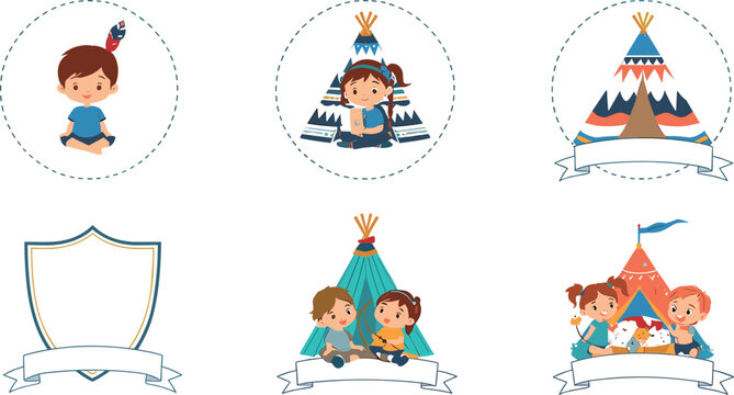 Cute cartoon kids playing in teepee tents vector logo badge collection featuring indigenous style children camping ribbons and shields isolated on white background