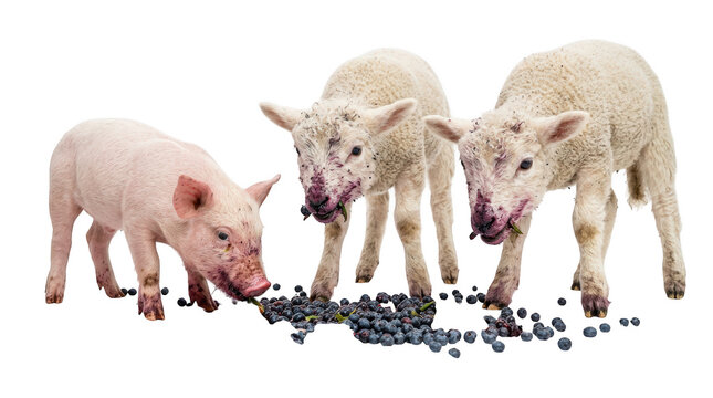 A small piglet and two young white lambs eating food together on a farm