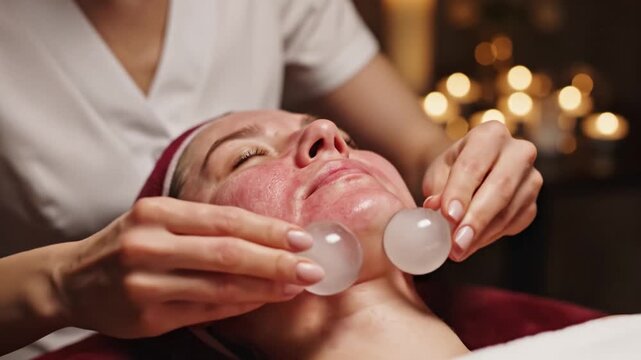 Woman receives cooling facial massage with glass globes from professional beautician. Calm atmosphere with candle lighting. Ideal for skincare, beauty, and wellness content.