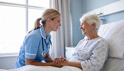Obraz premium Compassionate nurse holding hands with smiling elderly patient in hospital bed.