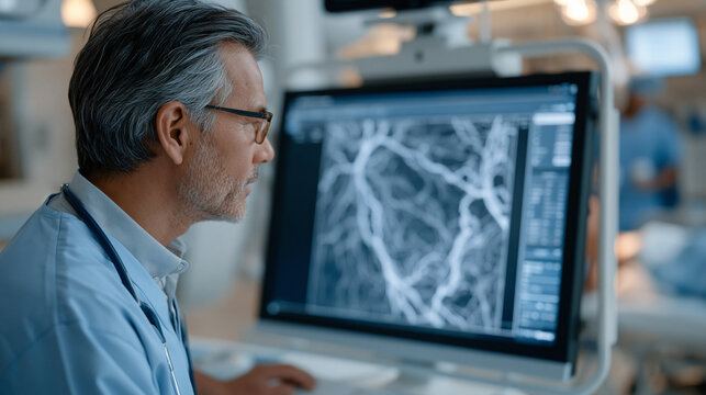Soft robotic catheter navigation system displayed on a surgical monitor beside a patient prep area in a cardiac cath lab, interventional cardiologist reviewing vessel mapping