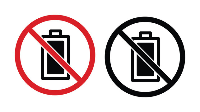 Battery forbidden icon in red color on white background