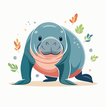 Cute cartoon manatee illustration with leaves