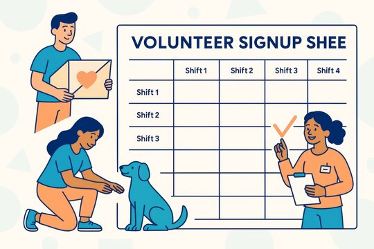 Volunteer signup sheet illustration showing people helping with tasks like donating, pet care, and organizing schedules on a light abstract background. Ai generative