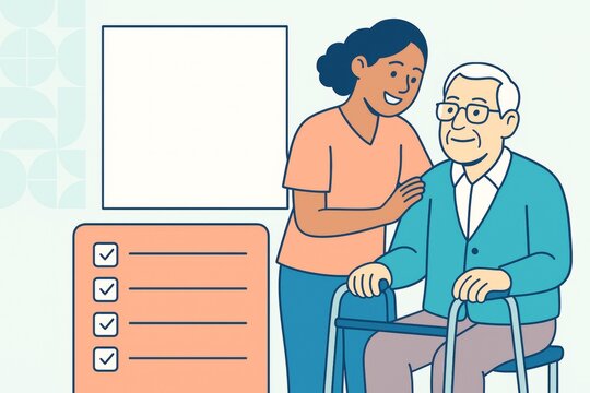 Nurse helping elderly man with walker beside checklist and blank copyspace on light background for healthcare and caregiving concept template. Ai generative