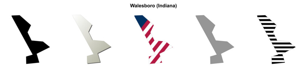 Obraz premium Walesboro (Indiana) blank outline map set