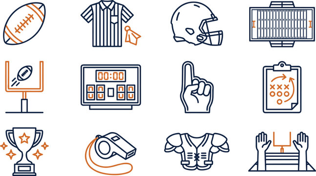 American Football Outline Icon Set Featuring Helmet Referee Playbook Scoreboard Field Goal Equipment and Championship Symbols