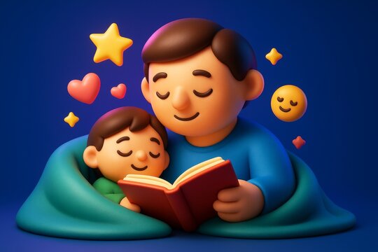 Father reading bedtime story to child under blanket with happy expressions, surrounded by stars and hearts on dark blue background. Ai generative. Ai generative
