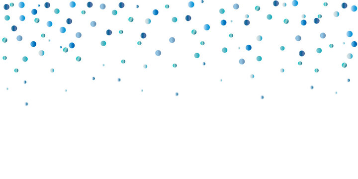 festive background featuring falling blue confetti circles of various sizes, creating a celebratory atmosphere, isolated on a pure white background.