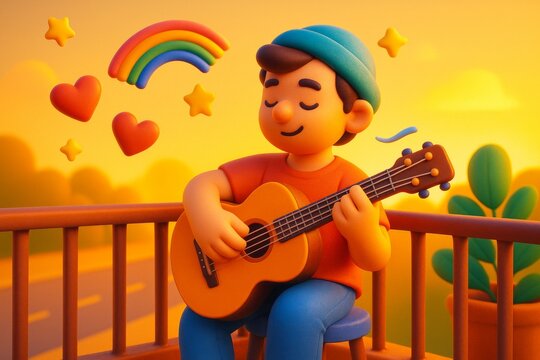 Cartoon boy playing guitar on balcony with hearts, stars, and rainbow in warm sunset light, peaceful outdoor music scene concept. Ai generative. Ai generative