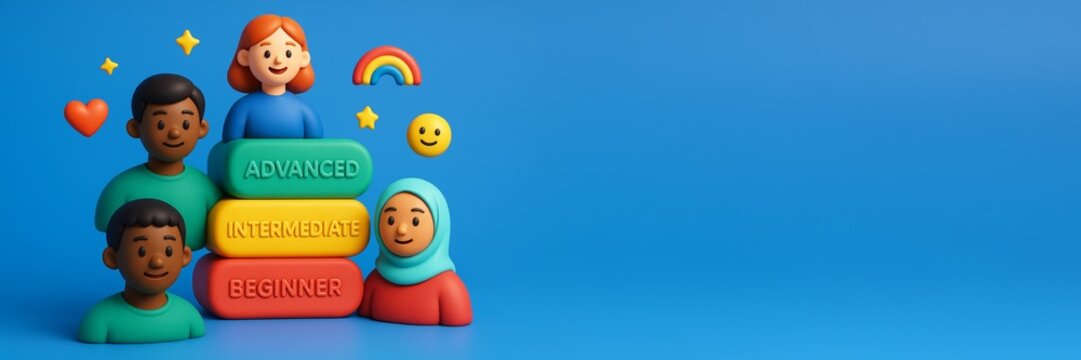 Cartoon-style diverse students with beginner to advanced skill blocks on blue background with copyspace for learning levels concept. Ai generative