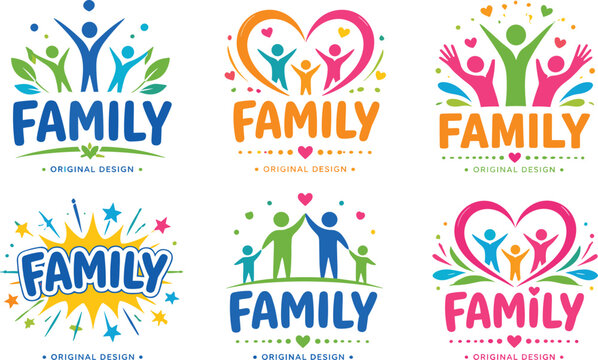 Colorful family logo badge vector illustration collection featuring happy human silhouettes people hearts leaves and stars text design emblems isolated on white background