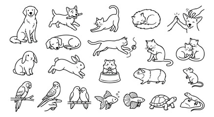 Fototapeta premium Minimalist pet animal line art collection, 20 hand drawn pet icons including dogs cats and small animals, black and white vector illustrations for veterinary clinics