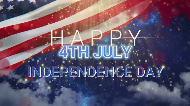 Independence Day banner features a waving American flag set against a backdrop of clouds and shimmering bokeh lights.
