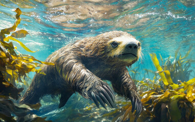 Obraz premium Three-toed sloth swimming underwater through a kelp forest with sunlight filtering from the water surface