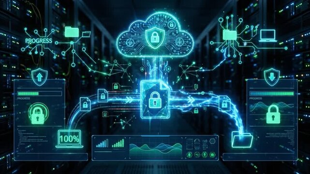 Cloud security data protection digital lock network cybersecurity encryption cloud computing secure file transfer progress bar technology interface server room data storage information flow encrypted
