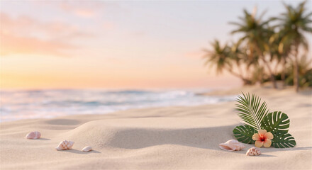 Empty sand podium on tropical beach with seashells and palm leaves at sunset for product display © Tetiana