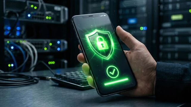 Mobile phone cybersecurity data protection digital security network server technology secure access green lock icon check mark computer keyboard data center information technology shield progress bar