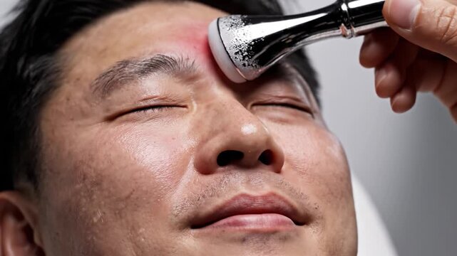 Close up man receiving cold facial massage with metal tool. Professional skincare treatment for skin rejuvenation and relaxation. Use for healthcare, beauty, or dermatology marketing.