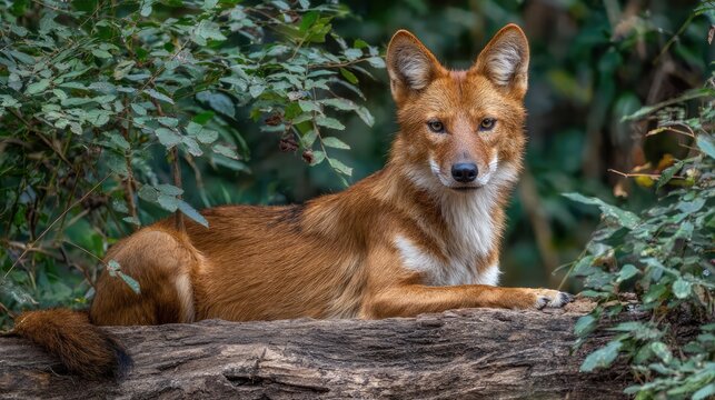 Asiatic wild dog dhole lying on a forest log