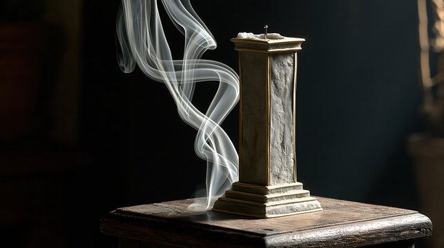 Elegant smoke rise from extinguished candle wick on vintage wooden table. Quiet mindfulness