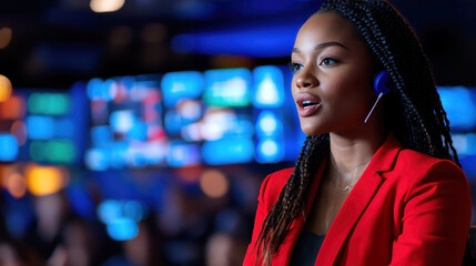 Obraz premium Young adult Black woman broadcaster wearing headset and red blazer speaking in a modern digital media control room