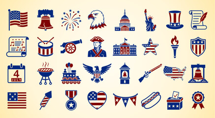 4th of July icons, American Independence Day icon collection featuring flag, liberty symbols, fireworks, eagle, monuments, celebration items, and national heritage elements in red and blue style. © YB14