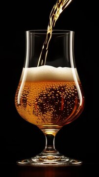 Pouring golden beer into a clear glass with foam rising on top
