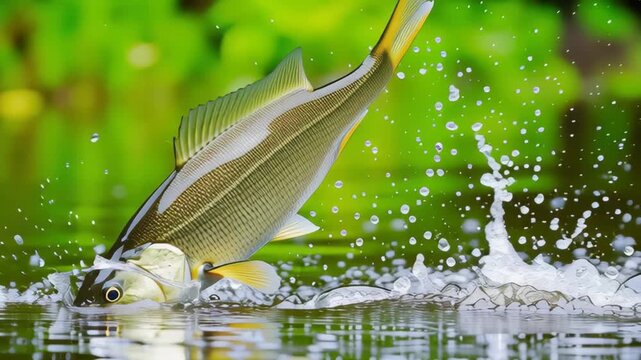 Fish jumps out of water in clear lake during sunny day