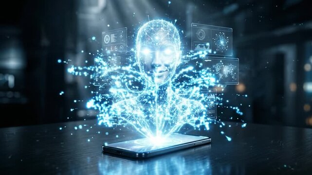 Hologram smartphone digital technology futuristic data network artificial intelligence innovation glowing holographic display virtual interface connection communication blue light abstract cyber