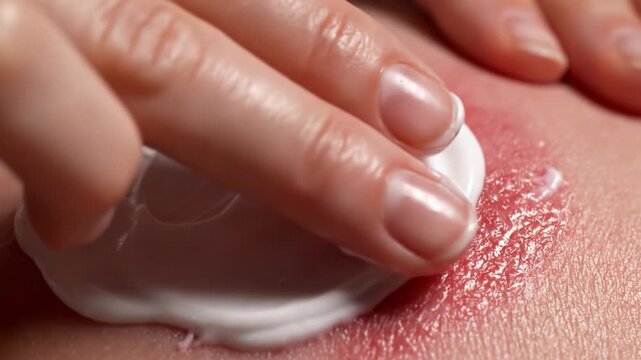 Close up of fingers applying white cream to red irritated skin. Medical treatment for dermatitis or rash to provide relief. Useful for healthcare, dermatology, and skincare content.