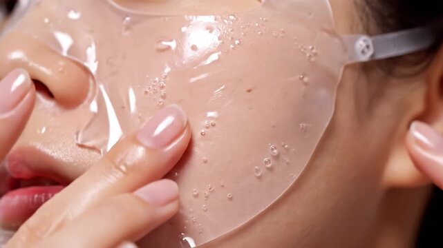 Close up of woman smoothing transparent hydrogel face mask. Focus on skincare routine and hydration for healthy skin. Great for beauty tutorials and cosmetic advertising.