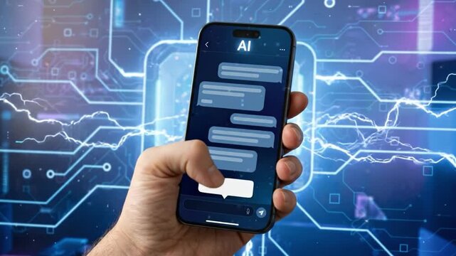 AI smartphone hand digital technology communication futuristic chat interface screen mobile electronic connection network data cyber innovation modern device interaction software application