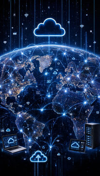 Digital cloud computing architecture and data center communication network over a glowing earth globe with computing architecture communication connectivity internet technology innovation