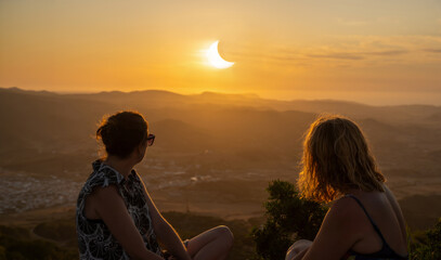 Two women friends in summer dresses looking at a spectacular partial solar eclipse at sunset from Monte Toro viewpoint in Menorca, Spain © sirbouman