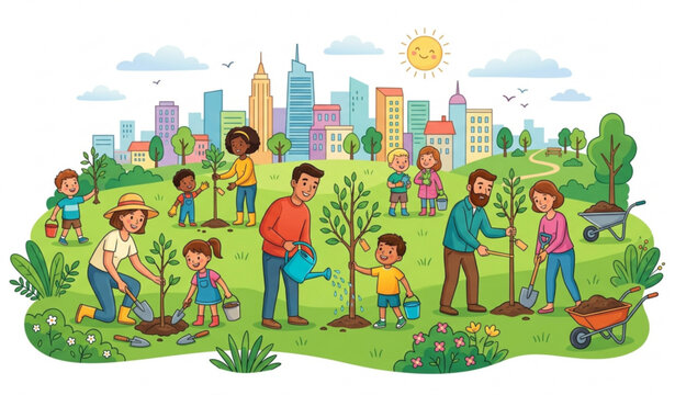 Community Tree Planting in Urban Park Environmental Conservation Vector Illustration