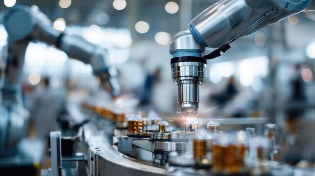 Robotic arm assembling electronic components on conveyor, vision camera guiding pick and place, servo motors humming, production line optimizing throughput, quality sensors inspecting parts, sterile