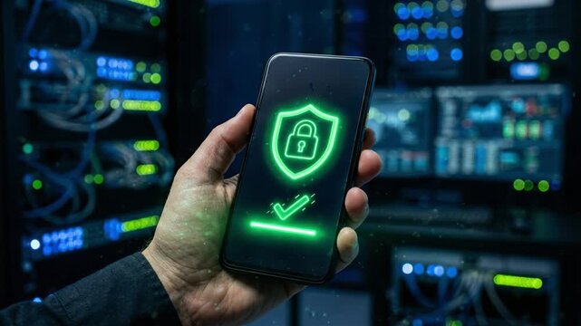 Mobile phone cybersecurity data protection with glowing security shield and lock icon, advanced server technology ensuring digital security network, secure access for privacy and information safety