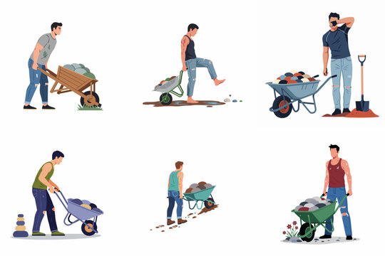 Set of illustrations depicting men performing manual labor, pushing and pulling wheelbarrows filled with heavy stones, representing hard work and physical exertion.