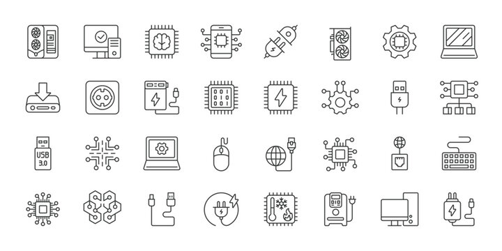 Computer components icons in line design. computer components, electronics, microchip, processor, USB, connector, power adapter on white background vector. Computer components editable stroke icons.